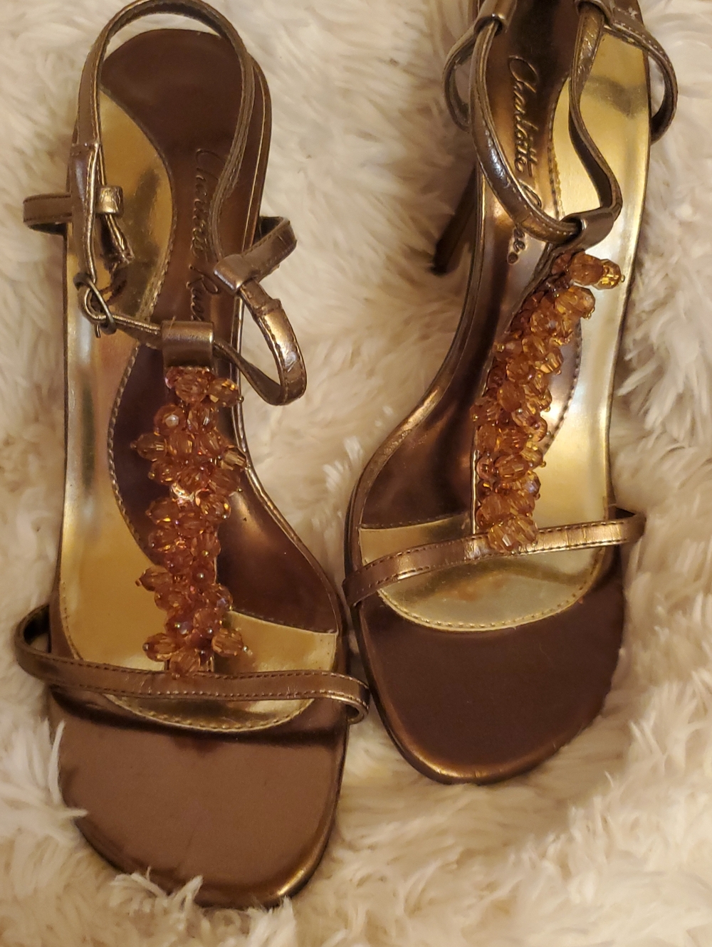Charlotte Russe Bronze T-Strap Heeled Sandals with Amber Bead Accent
